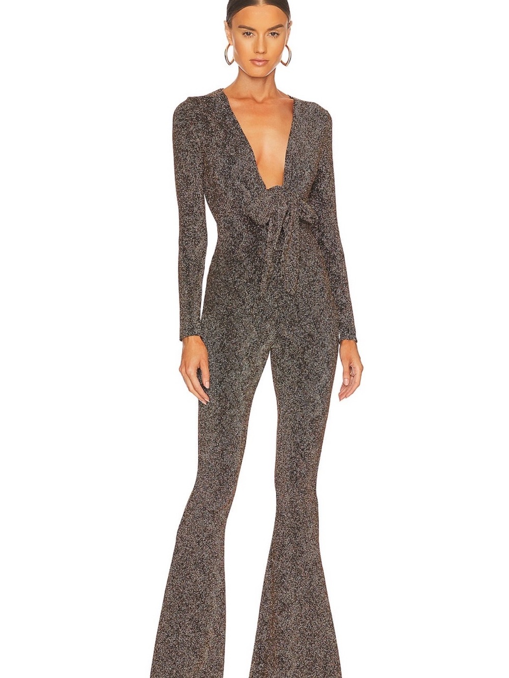 Show Me Your Mumu Metallic Lurex Plunge Flare Jumpsuit Metallic
